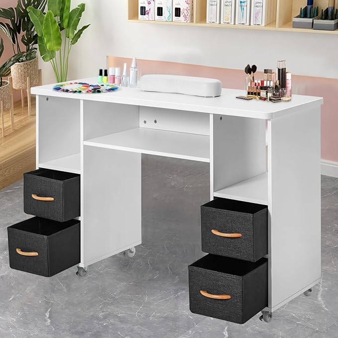 Artist hand Nail Table, Manicure Table, Nail Tech Table Station, Wrist Cushion, Lockable Wheels, Fabric Storage Drawers, Wooden Handle, White