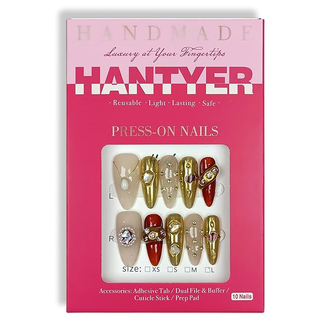 Almond Press On Nails, Handmade Soft Gel Luxury Jewel Tone Fake Nails with Vintage Gold Accents & Pearl Embellishments, Elegant Reusable False Nails 10PCS Kit (Size S)