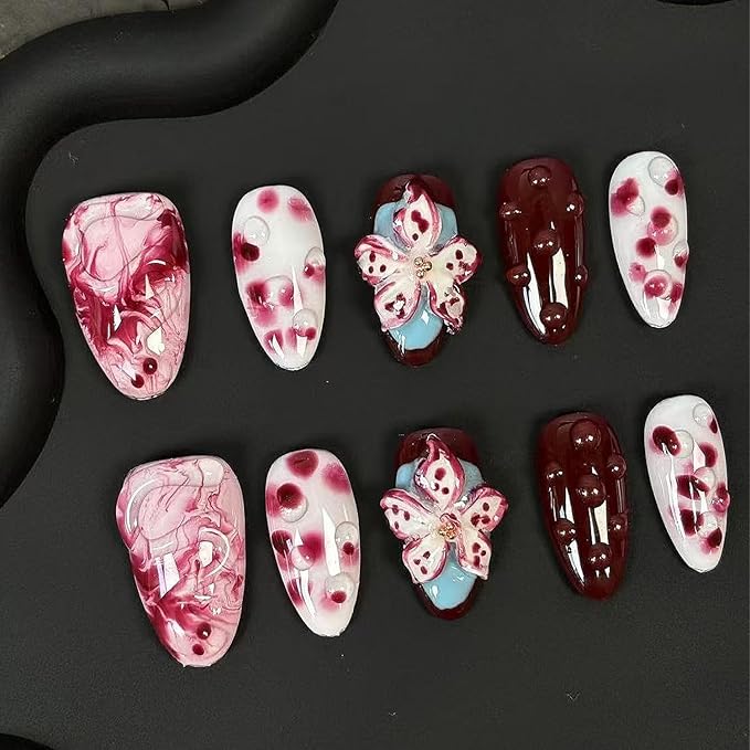 Handmade Press on Nails Medium Almond Fake Nails with Glue,Tropical Flower Nails with 3D Lines Designs Wine Red Acrylic Nails Nature Stick on Nail False Nails for Wome (Size M)