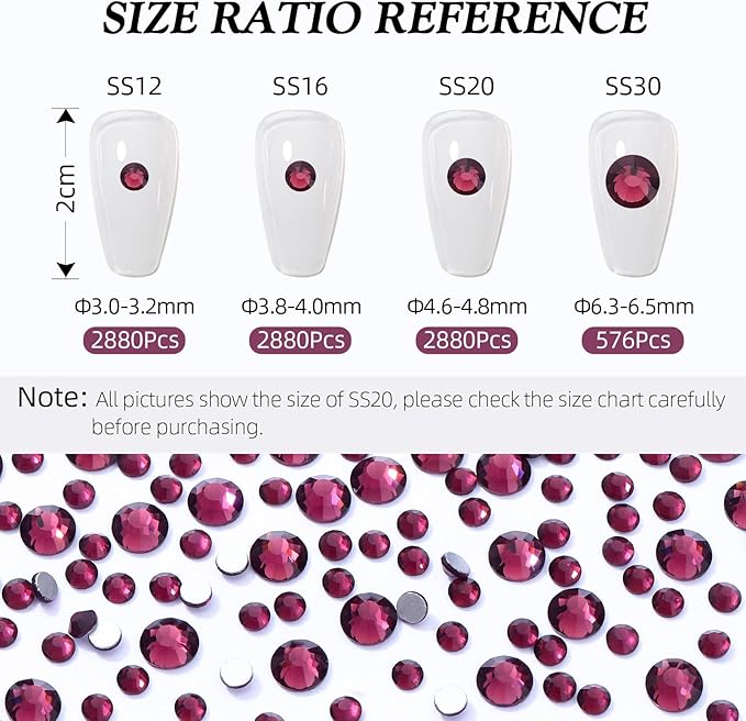 Purple Flatback Rhinestones, Glass Rhinestones for Nail Art and Craft, Glue Fix, Loose Crystal Gemstones(Purple, SS12, 2880pcs, 2.9-3.0mm)
