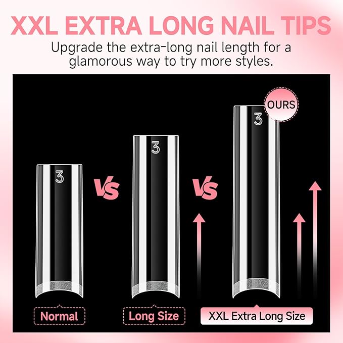 UNA GELLA No C Curve Nail Tips 504 PCS Extra Long XXL Tapered Square Nail Tips Half Cover Nails tips Straight Shape For French Acrylic Nails False Fake Clear Tips Square Shape with Box