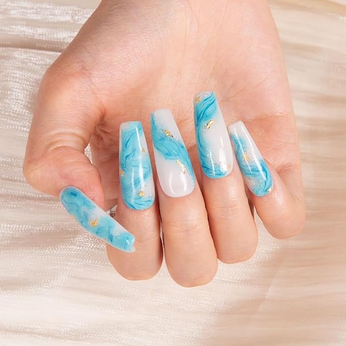 LOVFUL Press on Nails Blue Bay Wave French Tip | Handmade with Full Covered Crystals | Reusable Full Cover Nails | Coffin Classic Regular 1.3 in | H63-S