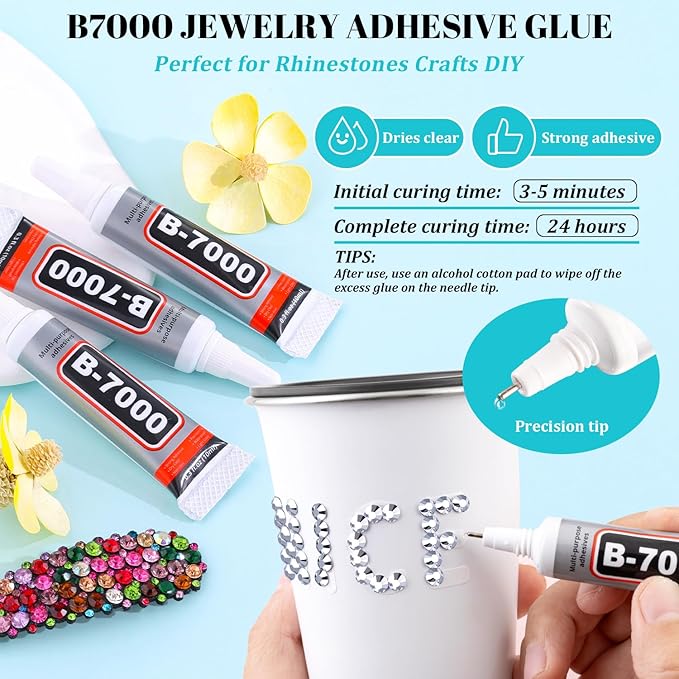 6100Pcs Resin Rhinestones for Crafting with 2Pcs 10ml B7000 Jewelry Glue, 1 Box Flatback Crystals Diamond (Silver) for Bedazzling Crafts DIY Nail Art Non Hotfix Gems for Clothing Shoes