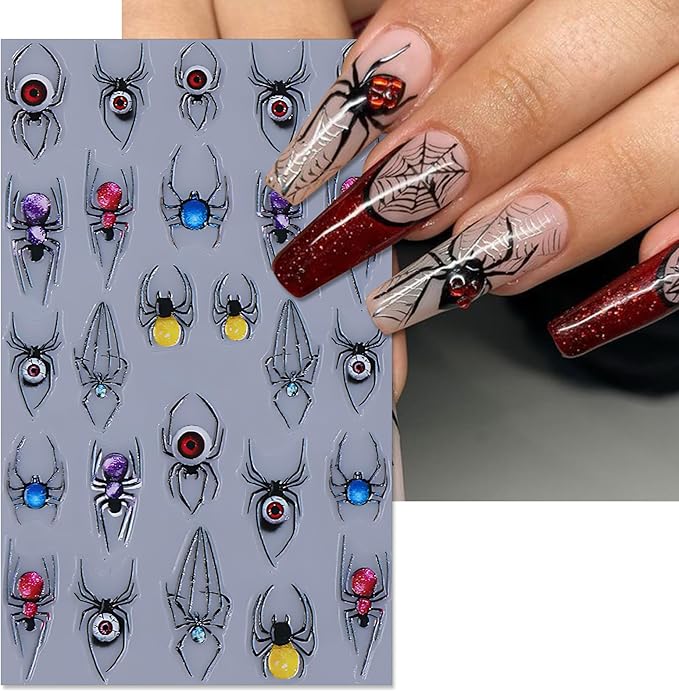 Halloween Spider Nail Stickers, Embossed Horror Eyeball 5D Self-Adhesive Nail Art Decals for DIY Colorful Spider Manicure (2 Sheets)
