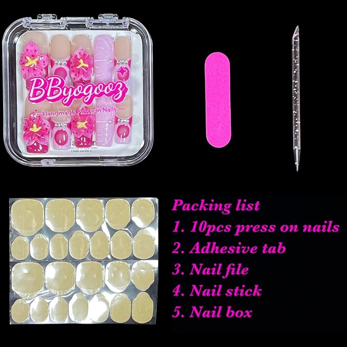 Handmade Press On Nails, Medium Long Square, 3D Floral Design, Nude Base with Rose Red Flowers, Rhinestone Accents, Reusable Acrylic False Nails (Duo Blossom, M)