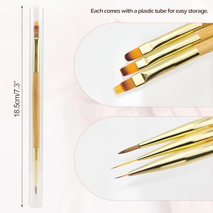 BlingKingdom 3 PCS Nail Brushes Set, Bamboo Double Ended Nail Art Brushes Professional Manicure Tools for Home DIY Salon Use