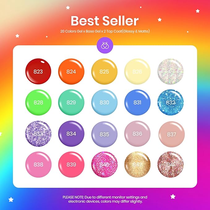 Beetles Rainbow Gel Polish Set, 20 Colors Glitter Pink Red Green Blue Bright Rainbow Collection Colorful Gel Polish Nails Sparkle Gel Base Glossy & Matte Top Coat UV Gel Spring Gift for Women & Girls
