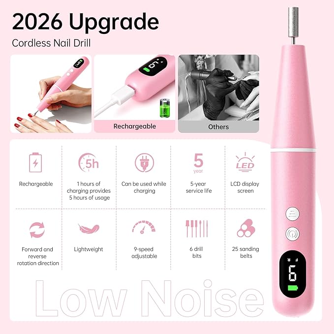 Electric Nail Drill Kit, Electric Nail File Cordless Nail Drill Machine for Acrylic Gel Dip Powder Nails, Professional Portable Manicure Pedicure Rechargeable Lightweight for Home Salon Use