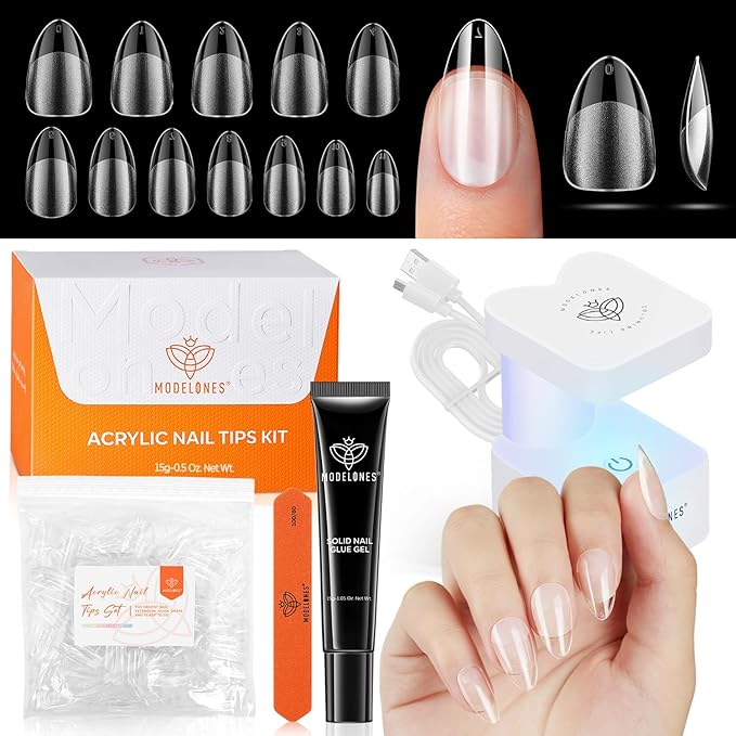modelones Short Almond Gel Nail Tips Kit, Solid Nail Glue Gel with Portable U V Lamp 216Pcs 12Sizes Pre-Etched Press ons Fake Acrylic Extension Kit DIY Salon Gift for Women