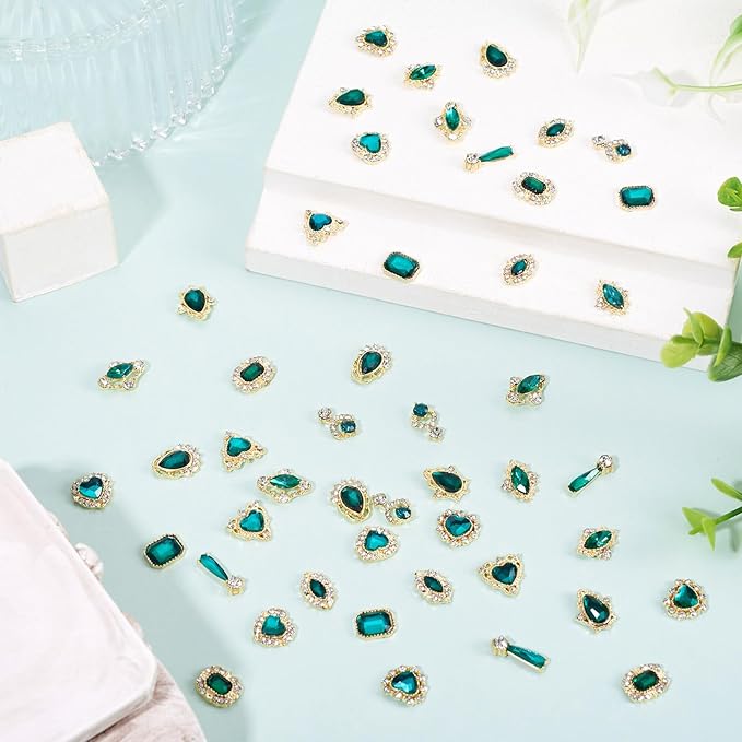KISSITTY 48pcs Nail Art Rhinestones Flat Back Rhinestone Crystal Cabochons Green Color Heart Teardrop Rectangle Shape Small Embellishments for Nail Art Craft Decoration Jewelry Making