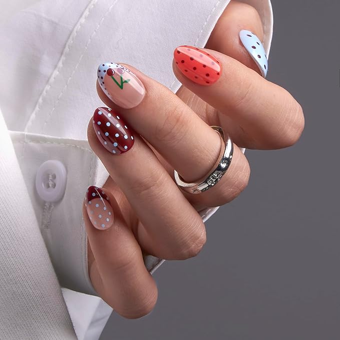 CurvLife Soft Gel Alomond Press On Nails, Long-Lasting Reusable Fake Nails Kit with Glue & Tabs, 30pcs Salon-Quality Stick On Nails for Women At-Home Manicure (Cherry Dots)