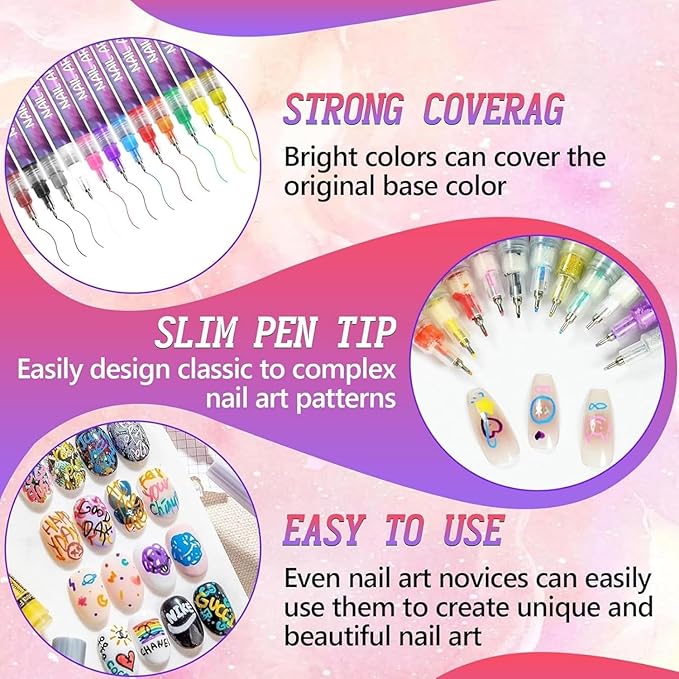 12 Color Nail Art Pens, 0.5 MM Nail Polish Pens Set Drawing Painting Point Liner Acrylic Painted Pen Kit,Professional Nail Art Tools, Manicure Set Gift for Adults Beginners (12 Color 1 Set)