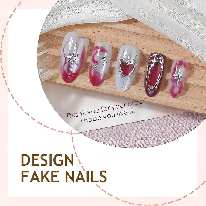 Almond Press on Nails Medium Fake Nail Valentine's Day Red Hearts Designs False Nails Press Ons Gift for Women 24pcs