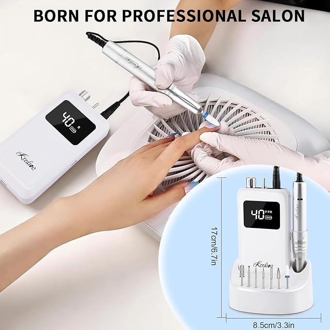 Kredioo Professional Nail Drill Brushless 40,000RPM Rechargeable 2-in-1 Portable Electric Nail File Ultra Silent Salon Must Haves Nail Tool Kit Removing Acylic Gels