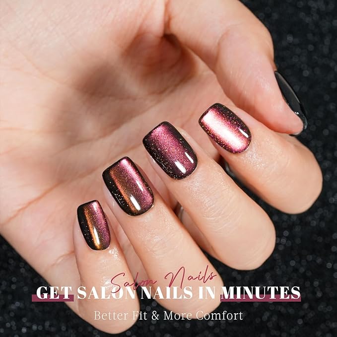 Cat Eye Press on Nails Short, Jofay Fashion Soft Gel Fake Nails, Purple-red Color-changing Shimmer Cat Eyes Nails, Reusable & Glossy Acrylic False Nails, Glue on Nails Kit Stick on Nails for Women
