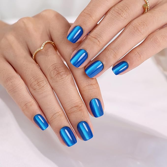 Blue Cat Eye Press on Nails Square - SHANGMENG Soft Gel Press on Nails Short for Women Gift, Fit Perfectly & Natural Stick on Nails with Glue in 16 Sizes - 32 Reusable Fake Nails, Royal Blue