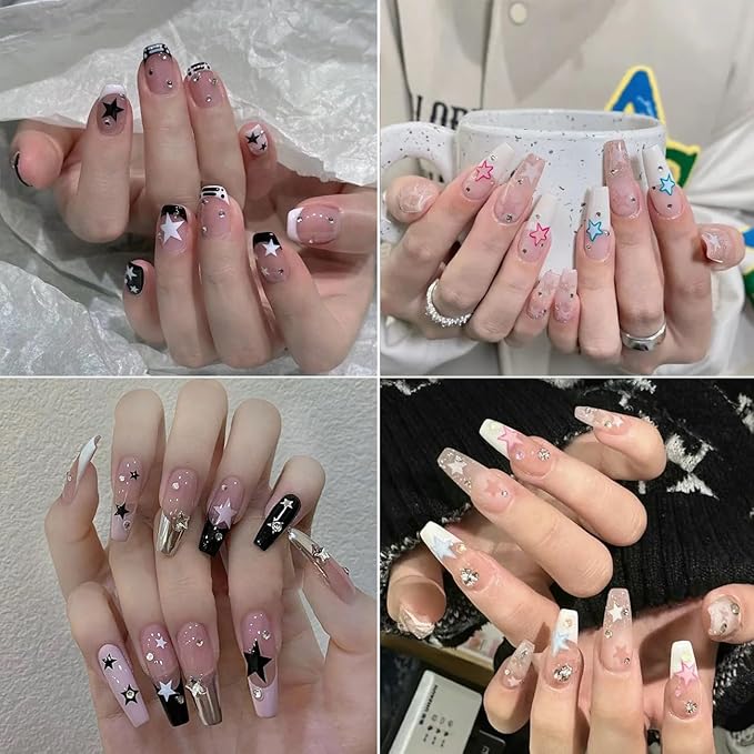 6Sheets Star Nail Art Stickers 3D Nail Decals with Shiny Colorful Five Pointed Star DIY Design Stars-Shaped Nail Adhesive Slider Accessory Manicure Decoration for Women Daily Wear