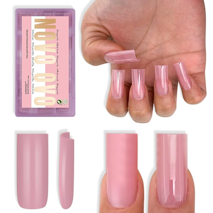 NOVO OVO Meidum Sharp Square Nail Tips Press on Pure Color BERRY PINK, Extra Thick NEED Builder Gel Top Coat Glue Soft Gel Matte Fake Nail Extension,Full Cover False Nails for Salon DIY 15 Sizes 180pc