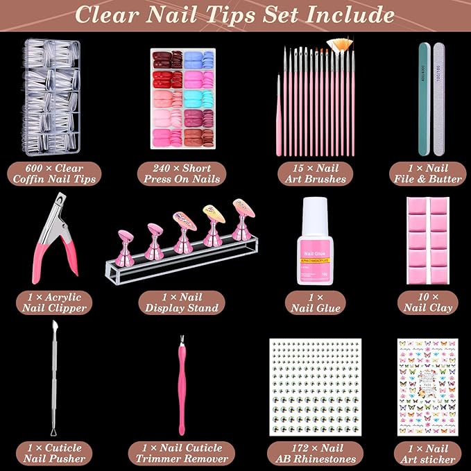 600PCS Clear Coffin Nail Tips and 240PCS Short Press On Nails Set, Clear Acrylic Nail Tips with Glue, Nail Art Brushes and Nail Display Stand, Nail Tips for Salons and Home DIY Nail Art