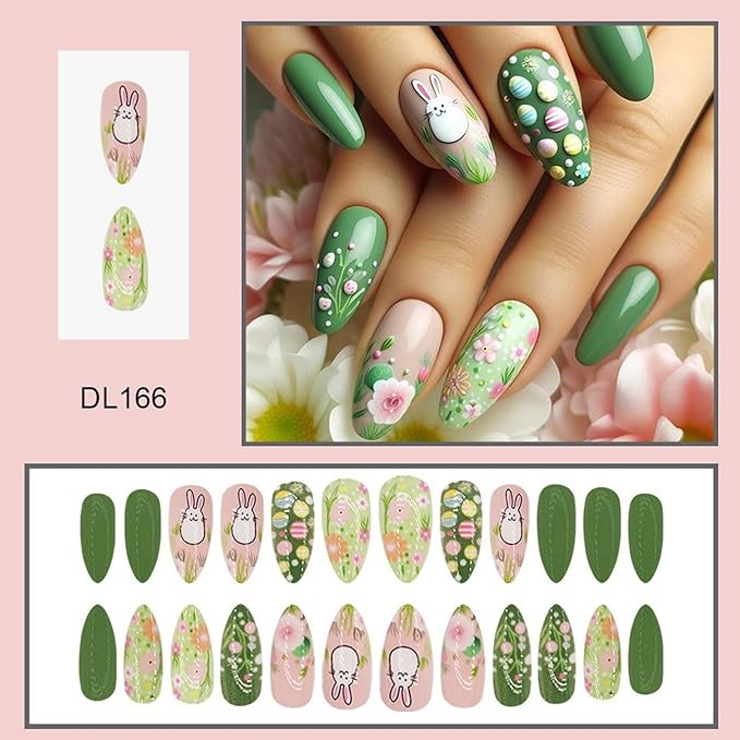 Easter Rabbit Fake Nails Full Cover Colorful Flower Acrylic Nails False Nails with Easter Bunny Eggs Design Green Easter Press on Nail Medium Almond Glossy Stick on Nails for Women Nail Art DIY 24 Pcs
