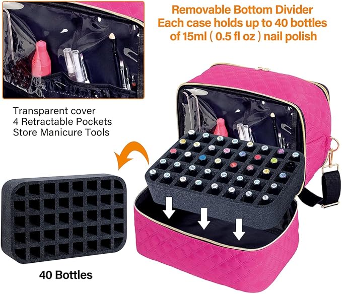 Nail Polish Organizer Case Holds 40 Bottles(15ml/0.5fl.oz) and Nail Lamp, Double Layer Nail Polish Storage with Adjustable Dividers,Portable Carrying Bag for Nail Kit, Manicure Tools Rose Red