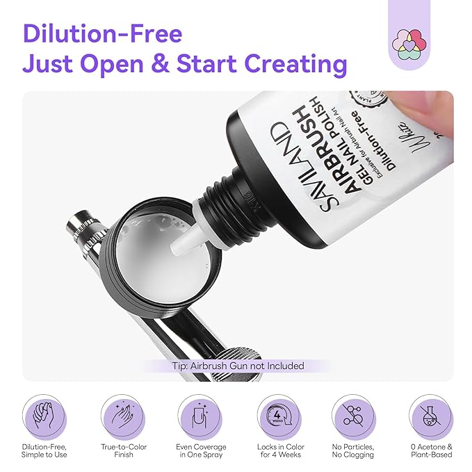 SAVILAND Dilution-Free Airbrush Gel Nail Polish Hema-Free: 20ml 0-Acetone 6PCS White Nail Polish for Airbrush Pure Formula No Clogging Gel Airbrush Paint for Nails Coverage for Ombre Nail Art Salon