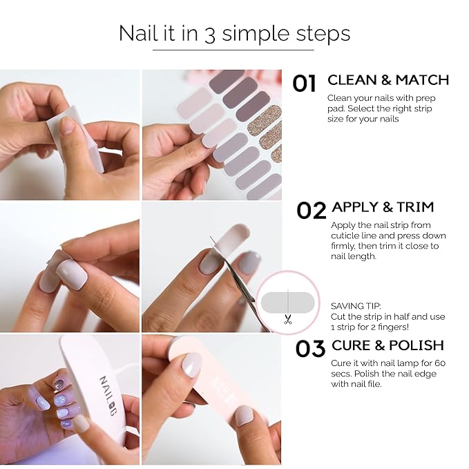 NAILOG Semi Cured Gel Nail Strips, Extra Long Nail Polish Strips (20 Pieces), Long Lasting Semi Cured Nail Stickers with Soft Glossy Gel Finish, Lake Dawn
