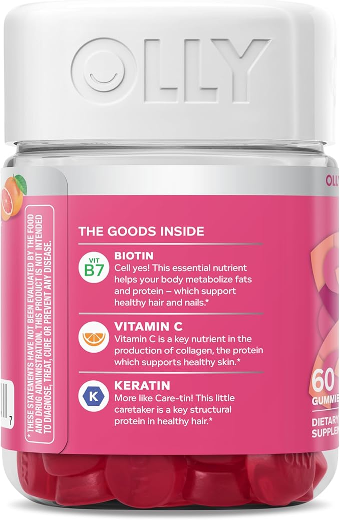 OLLY Undeniable Beauty Gummy, For Hair, Skin, Nails, Biotin, Vitamin C, Keratin, Chewable Supplement, Grapefruit, 30 Day Supply - 60 Count