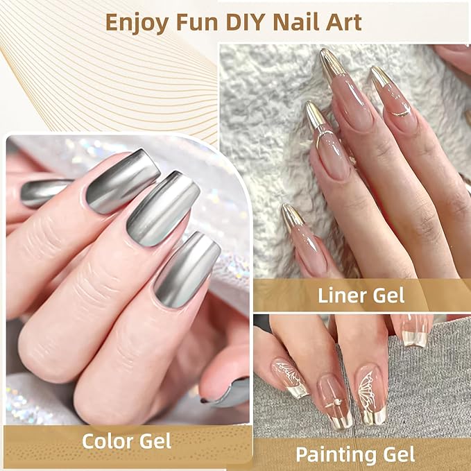 Metallic Gel Nail Polish Gold Gel Liner For Nail Art Chrome Silver Nail Polish 8ml 2 PCS 3D Mirror Chrome Effect Painting with Thin Brush French Nail Design Curing Requires (Metallic Sliver Gold)
