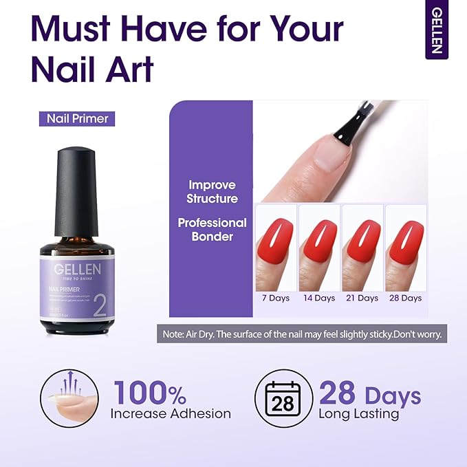 GELLEN Nail Primer No Lift 15ml Acid-free Gel Primer Fast Air Dry Superior Protein Nail Prep Bond Foundation for UV Gel Nail Polish, Press-on Nails and Acrylic Powder Nail Supplies Salon DIY at Home