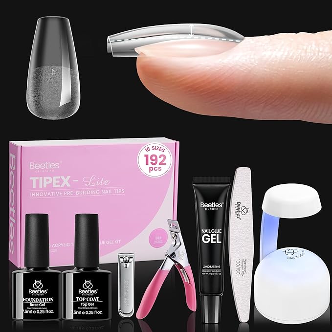 Beetles Tipex Lite Apex Nail Tips Kit,Coffin Short, 192pcs 16 Sizes, with UV Nail Glue, Base & Top Coat, Mini Nail Lamp, Nail Clipper & Cuticle Nipper,Pre-Building Pre-Etched Acrylic Tips Kit