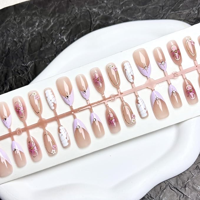 30Pcs Handmade Press on Nails, Rhinestone Stick on Purple French Tip False Nails with 3D Gold Flowers Lines Designs Pink Glossy Glue on Nail Full Cover Press Ons Fake Nails for Women