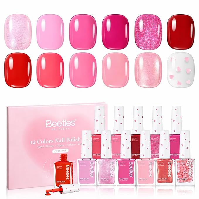 Beetles Valentine Nail Polish - Love's Prism 12 Colors Valentine Pink Nail Polish Set 5ml/0.17 Fl Oz, Salon Long Lasting DIY Nails Art Spring Valentines Nails Gifts for Her