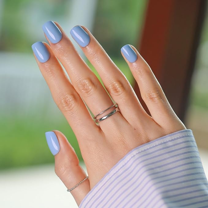 LAMIMOSA 32Pcs Muted Blue Press On Nails Short Square - Dusty Blue Nail Kit, Soft Gel Fake Nails in 16 Sizes, Reusable Glue on Nails, CELESTE
