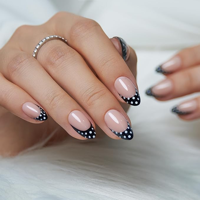 Curvlife Soft Gel Press On Nails Medium Almond Nude with Black French Tip Polka Dots, Glue On Fake Nails Reusable False Nails Stick On Nail Tips for Women