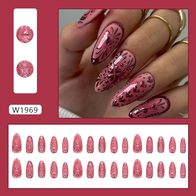 Long Press on Nails Almond Fake Nails Red False Nails Charm Artificial Nails with Hearts and Floral Designs Stick on Nails for Women 24pcs