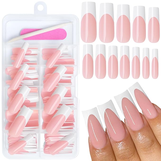 AddFavor 120pcs White French Tip Press on Nails Long Square Fake Nails Nude False Nails XL Long Tapered Square French Press ons Nail Acrylic Artificial Nail with Adhesive Tab for Women Girls