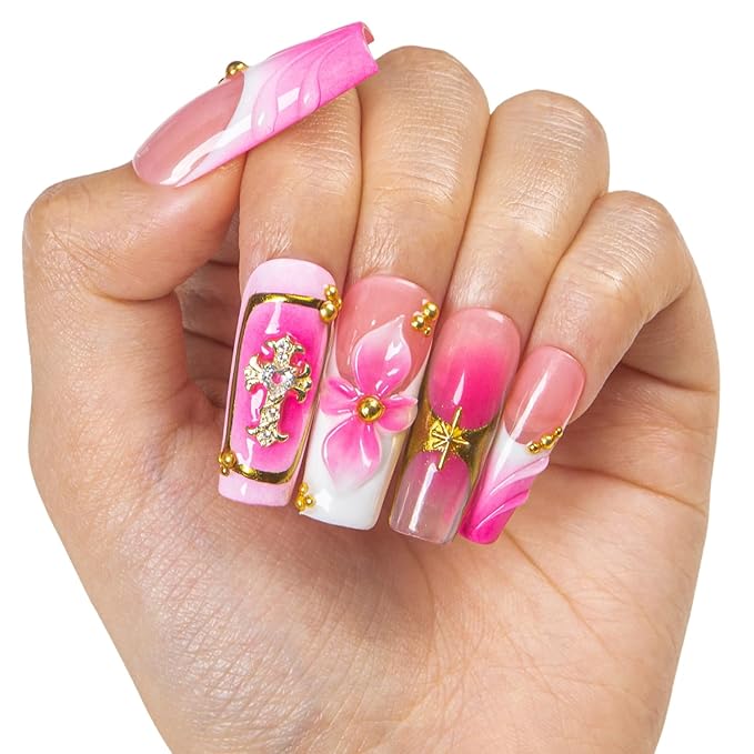 LOVFUL Handmade Acrylic Press on Nails Bubblegum Reef | Short Press ons | Reusable Fake Nails | Square Classic Regular 1.3 in | H547-S