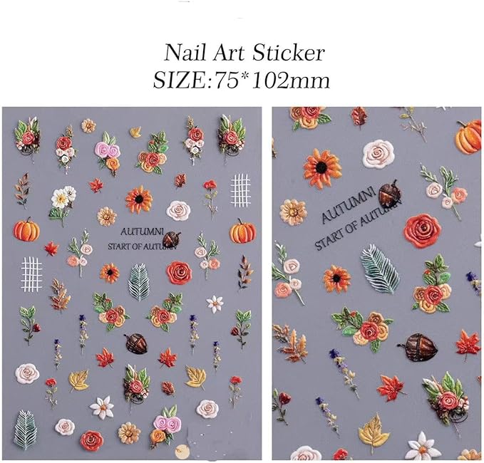 4 Sheets Nail Stickers for Autumn 5D Self-Adhesive Nail Art Decals for Women Flower Stickers Decoration