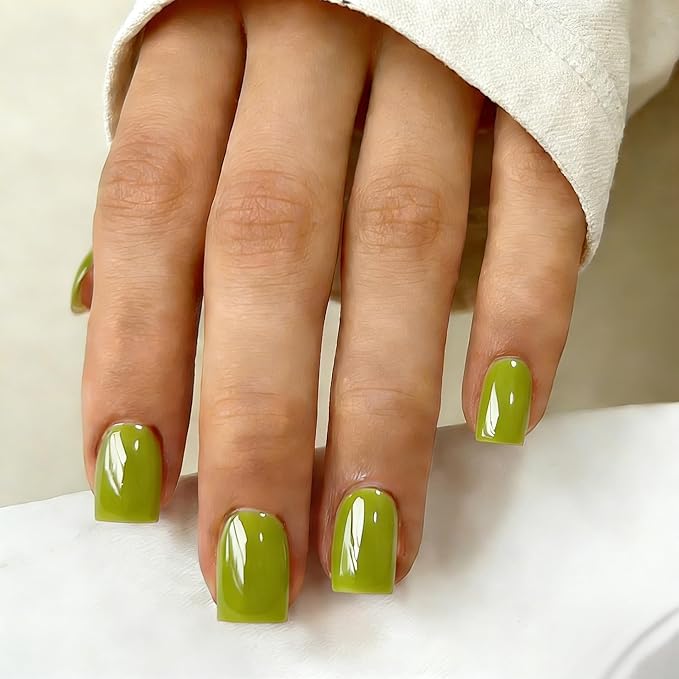 Chrome Moss Green Press on Nails Short Square, Glazed Short Fake Nails with Sparkle Mirror Design, Shiny Glitter Glue on Nails with Glue, Cute Gel Nail Press ons for Fingernail 30 Pcs