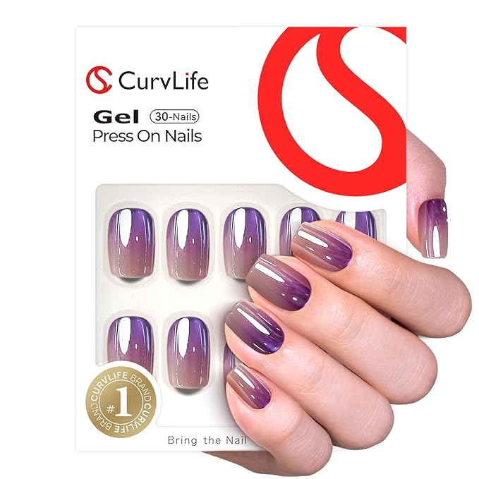 CurvLife Press On Nails Short Square – Purple Ombre Fake Nails, Reusable Soft Gel Glue On Nails with Adhesive Tabs, Natural Fit, Salon Quality for Women