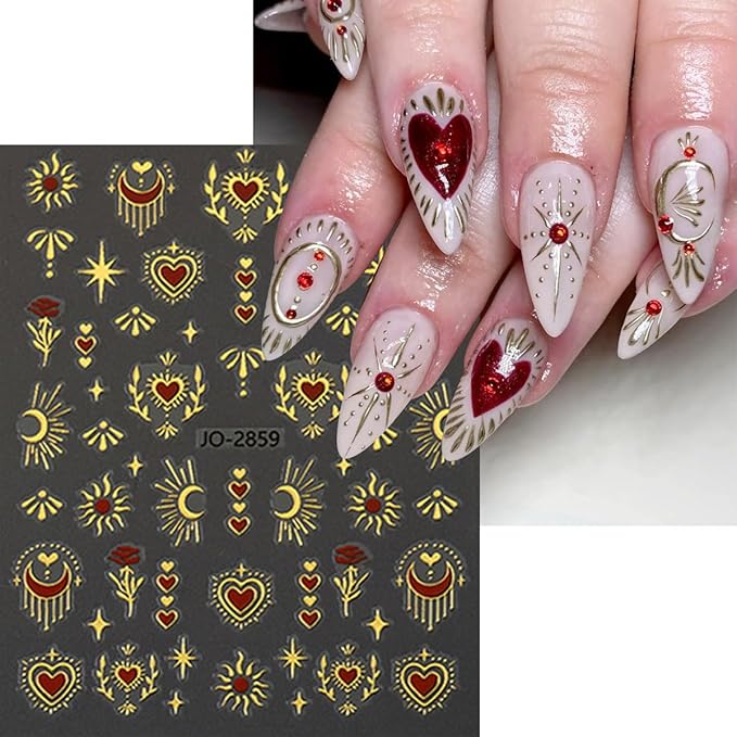 6 Sheets Sun Star Nail Stickers for Nail Art 3D Gold Silver Heart Nail Art Stickers with Sun Star Moon Self-Adhesive Design Nail Art Supplies Chrome Nail Decals for Women Acrylic Manicure Decorations