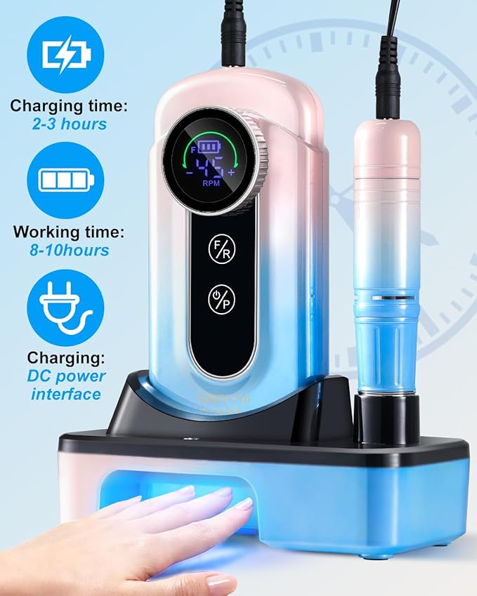 Professional Electric Nail Drill Kits 45000RPM Gradient Blue Portable Cordless 3-in-1 Nail File Machine with Rechargeable Stand and Nail Lamp for Acrylic Gel Polish Removing Home & Salon Use