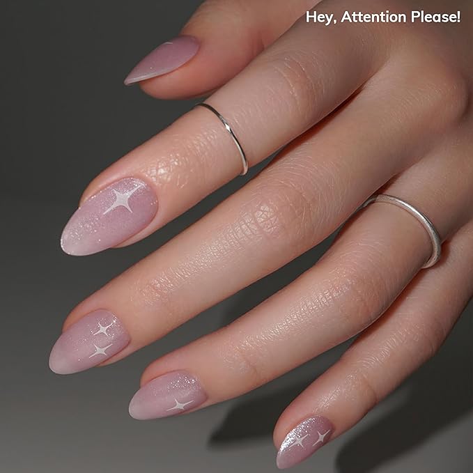 Heyhae Semi Cured Gel Nail Strips | No LED Lamp Needed | Glitter, Pink | Easy Apply & Remove, Salon Quality | Includes 28 Strips, 1 Prep Pads, Nail File & Wooden Stick - Hey, Attention Please!