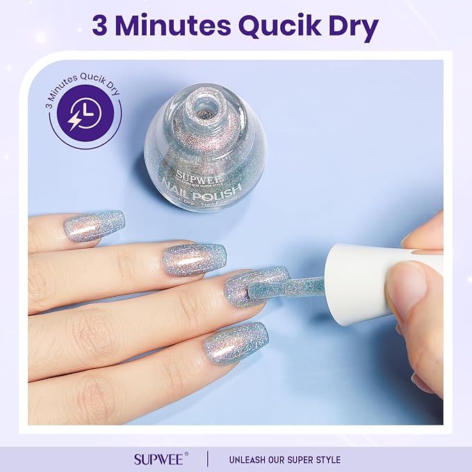 Glitter Nail Polish Quick Dry Finger Nail Polish Non Gel High Glossy Shiny Shimmer Nails Laquer Oil-based Holo Fingernail Air Dry Fast Manicure Gift For Women Girls 16ml, 0.54fl oz
