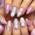 24 Pcs Easter Press on Nails Glossy Purple False Nails Medium Almond Fake Nail Spring Artificial Acrylic Nails with White Bunny & Flower Design Full Cover Stick on Nail for Women Manicure DIY