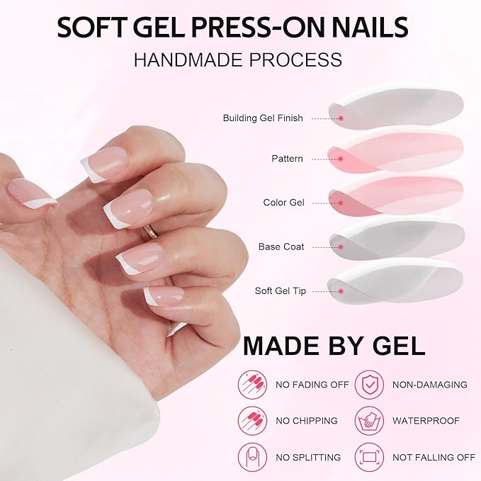 French Tip Press On Nails Short Square - Findigit Gel Press On Nails, White Nail With Glue, Fit Perfectly & Natural Reusable Stick On Nails in 16 Sizes, 32 Pcs