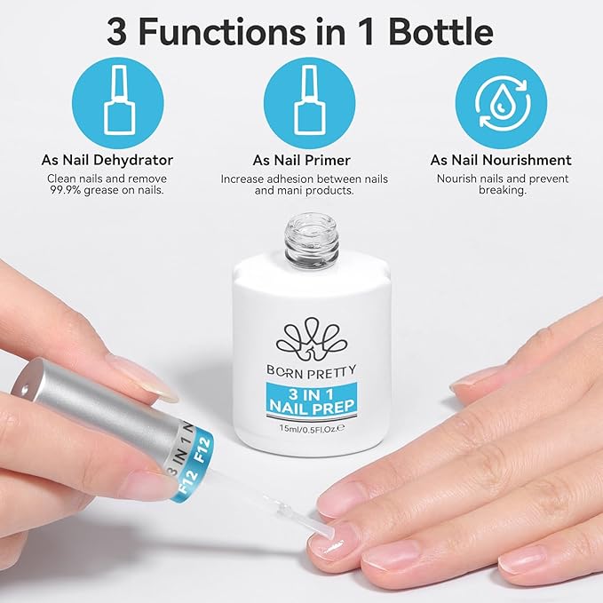 BORN PRETTY 15ML Nail Dehydrator and Nail-Primer,3-in-1 Nourishing Prep for Nails Glue Acrylic & Gel Nails,Fast Dry Superior Bonding Agent Supplies Professional Salons