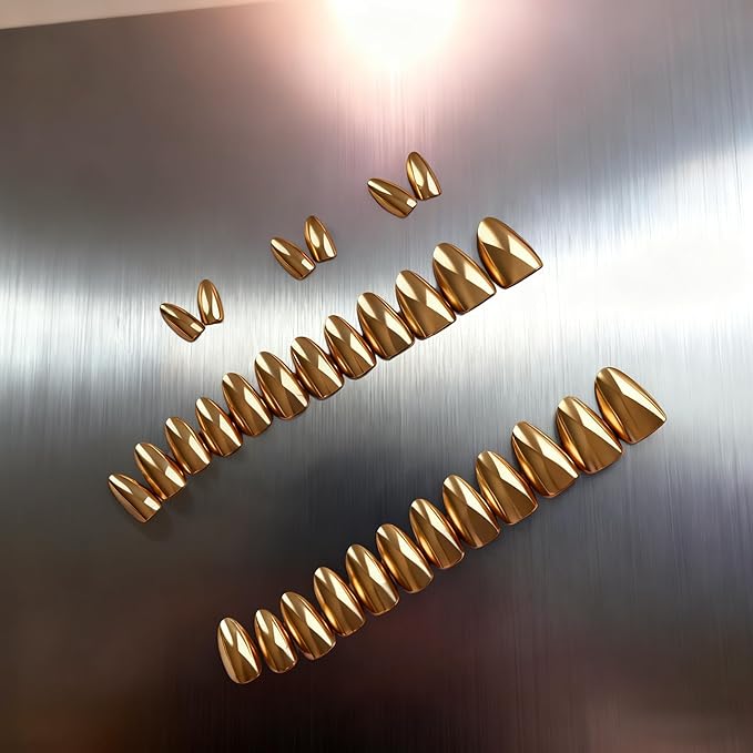 Chrome Press on Nails Short Almond, Metallic Bronze Fake Nails with a Sparkle Mirror Finish, Glitter Brown Glue on Nails for Women Birthday Party, Thick Quality Soft Gel Nail Press ons 30 Pcs