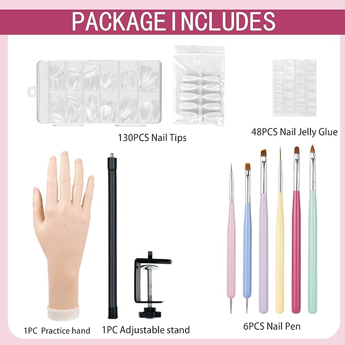 Nail Practice Hand, Practice Hand for Acrylic Nails - Flexible Right Hand Kit | 140 Tips, Glue, 6 Brushes, Clamp Stand | Manicure Training Tools for Beginners & Pros